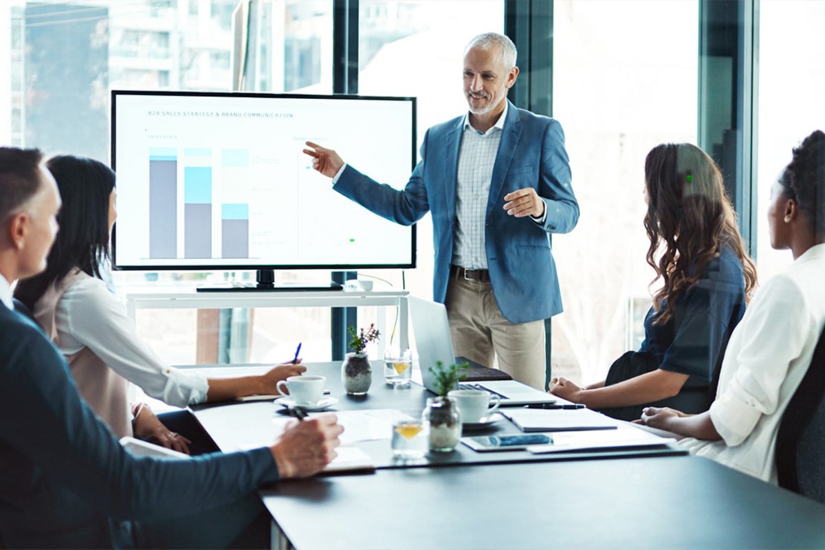 extensive-collaboration Team members holding presentation in a conference room